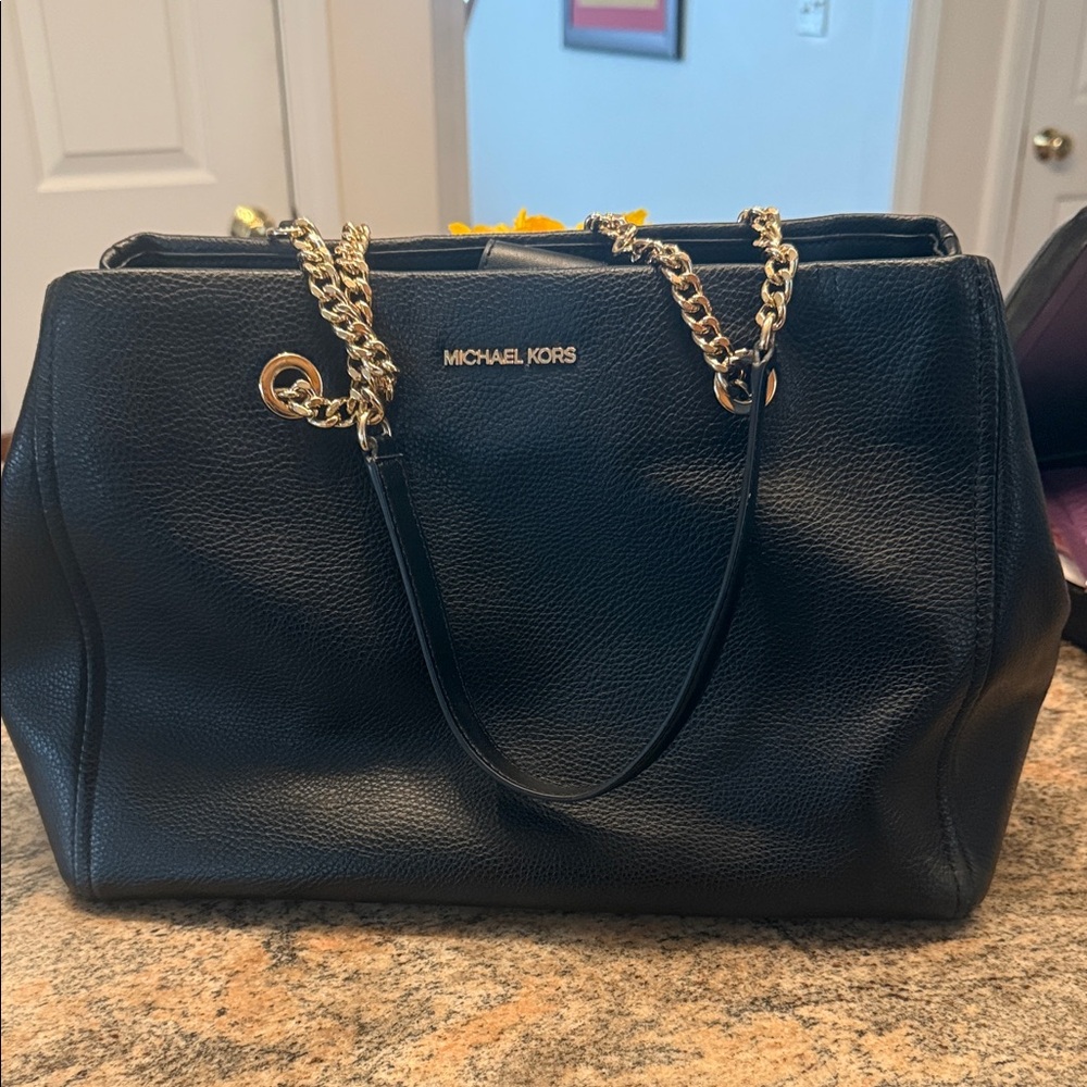 Michael Kors Black Leather Shoulder Bag with Gold Accents
